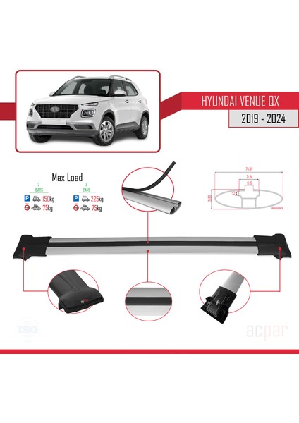 Hyundai Venue (Qx) 2019 ve Sonrası ile Uyumlu Fly Model Ara Atkı Tavan Barı Gri 2 Adet fırsatları