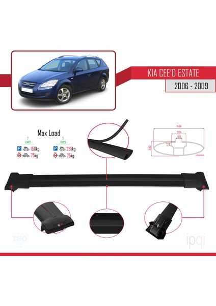 Kia Ceed (Ed) Sw Pre-Facelift 2006-2009 Arası ile Uyumlu Fly Model Ara Atkı Tavan Barı Siyah 2 Adet