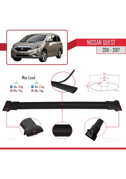 Nissan Quest 2011-2017 Arası ile Uyumlu Fly Model Ara Atkı Tavan Barı Siyah 2 Adet fırsatları
