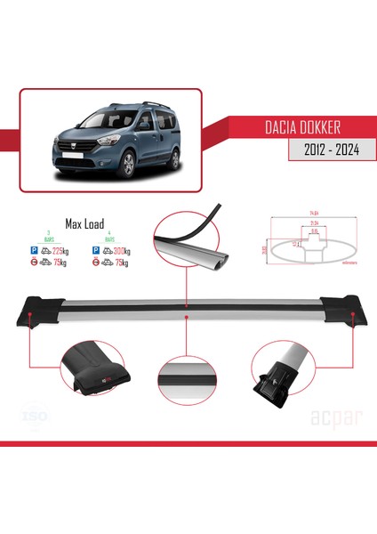 Dacia Dokker (K67) 2012-2024 Arası ile Uyumlu Fly Model Ara Atkı Tavan Barı Gri 3 Adet