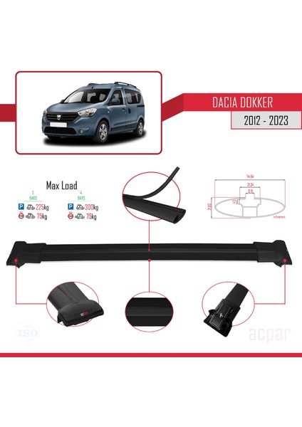 Dacia Dokker (K67) 2012-2024 Arası ile Uyumlu Fly Model Ara Atkı Tavan Barı Siyah 3 Adet