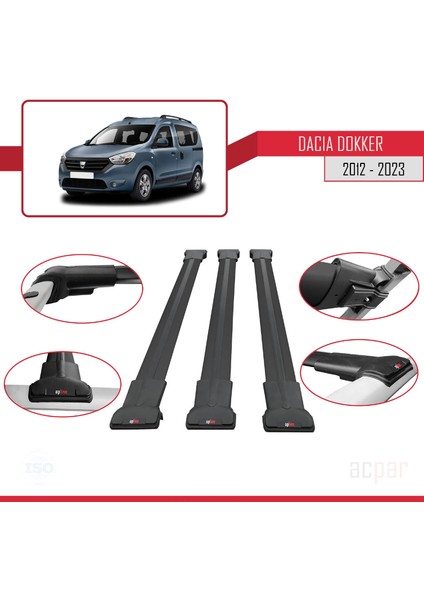 Dacia Dokker (K67) 2012-2024 Arası ile Uyumlu Fly Model Ara Atkı Tavan Barı Siyah 3 Adet