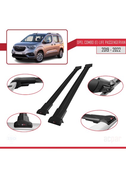 Opel Combo E Cargo 2019-2022 Arası ile Uyumlu Fly Model Ara Atkı Tavan Barı Siyah 2 Adet