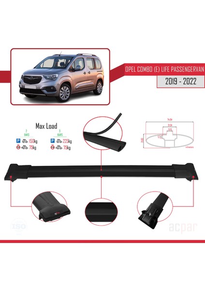 Opel Combo E Cargo 2019-2022 Arası ile Uyumlu Fly Model Ara Atkı Tavan Barı Siyah 2 Adet