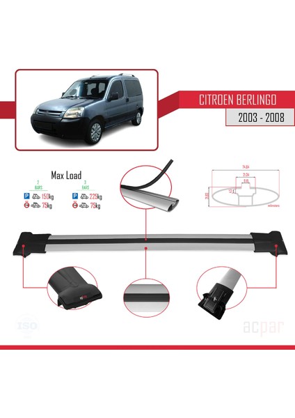 Citroen Berlingo (M59) 2003-2008 Arası ile Uyumlu Fly Model Ara Atkı Tavan Barı Gri 2 Adet