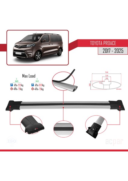 Toyota Proace 2017 ve Sonrası ile Uyumlu Fly Model Ara Atkı Tavan Barı Gri 4 Adet modelleri