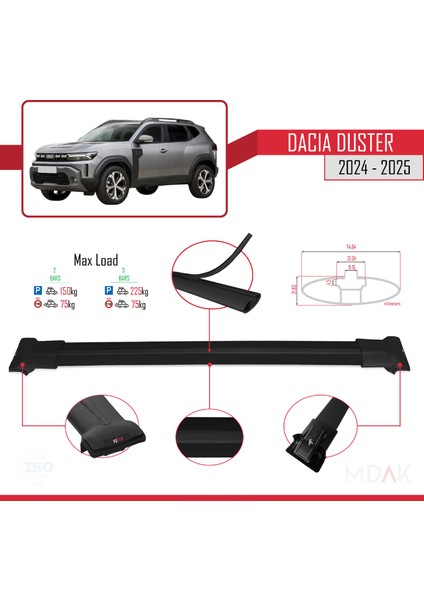 Dacia Duster 3 (P1310) 2024 ve Sonrası ile Uyumlu Fly Model Ara Atkı Tavan Barı Siyah 2 Adet