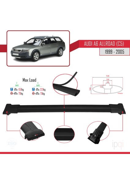 A6 (C5) Allroad 1999-2005 Arası ile Uyumlu Fly Model Ara Atkı Tavan Barı Siyah 2 Adet modelleri