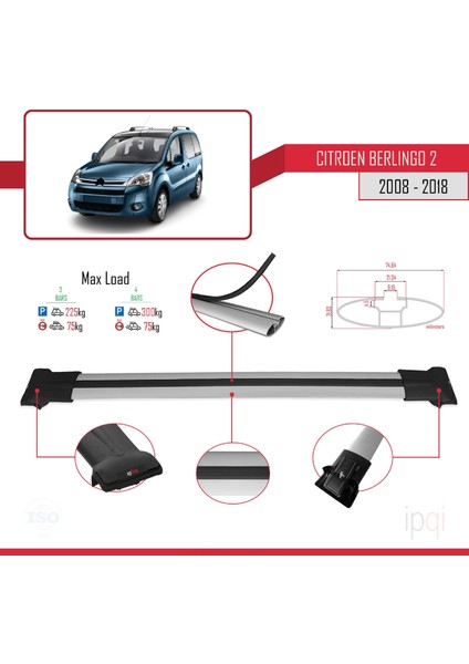 Citroen Berlingo 2 (B9) 2008-2018 Arası ile Uyumlu Fly Model Ara Atkı Tavan Barı Gri 3 Adet modelleri