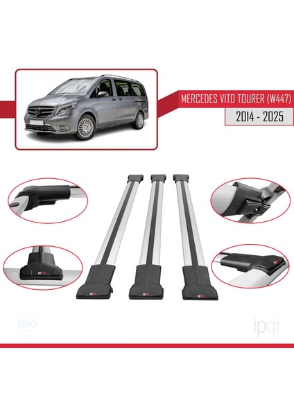 Mercedes Vito Tourer (W447) 2014 ve Sonrası ile Uyumlu Fly Model Ara Atkı Tavan Barı Gri 3 Adet fırsatları