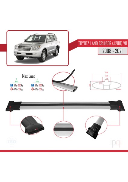 Toyota Land Cruiser V8 (J200) 2008-2021 Arası ile Uyumlu Fly Model Ara Atkı Tavan Barı Gri 3 Adet modelleri