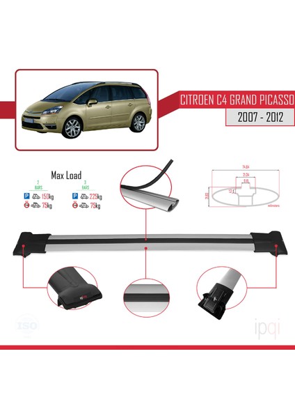 Citroen Grand C4 Picasso 2007-2012 Arası ile Uyumlu Fly Model Ara Atkı Tavan Barı Gri 2 Adet fırsatları
