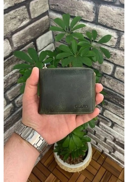 Hakiki Deri Antik Yeşil Fermuarlı Yatay Mini Erkek Cüzdanı (T1486)