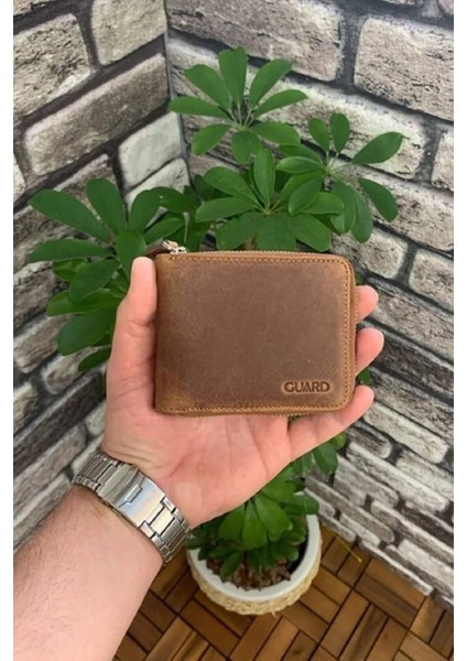 Hakiki Deri Antik Taba Fermuarlı Yatay Mini Erkek Cüzdanı (T1488)