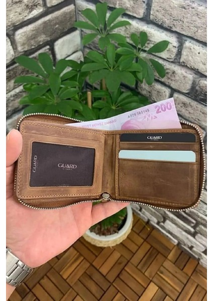 Hakiki Deri Antik Taba Fermuarlı Yatay Mini Erkek Cüzdanı (T1488) modelleri