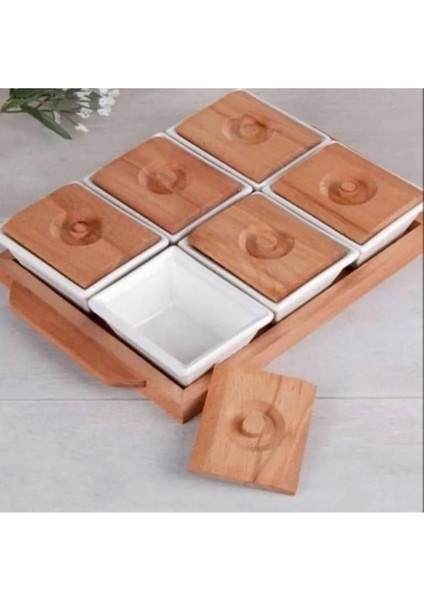Lüx Dekoratif Bambu Ahşap Tepsili Kahvaltılık Porselen 6'lı Kahvaltılık Set