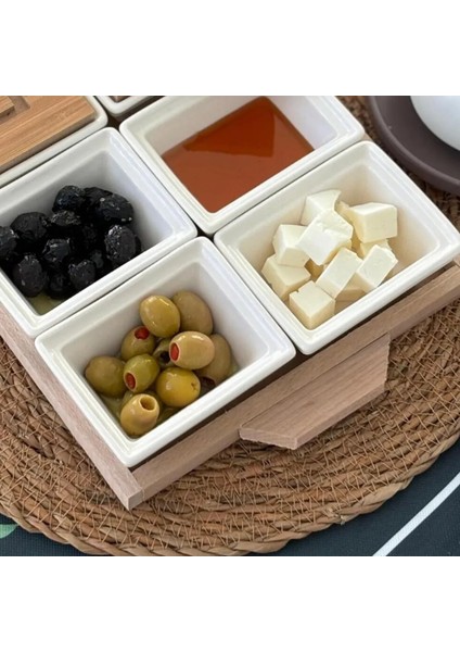 Lüx Dekoratif Bambu Ahşap Tepsili Kahvaltılık Porselen 6'lı Kahvaltılık Set modelleri