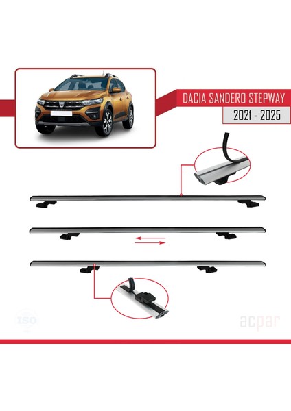 Dacia Sandero Stepway 3 2021 ve Sonrası ile Uyumlu Basıc Model Ara Atkı Tavan Barı Gri 2 Adet