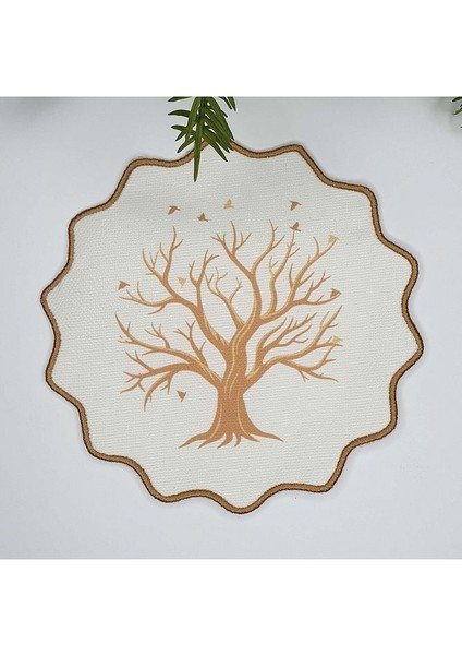 Altın Rengi Ağaç ve Kuş Tasarım Baskılı Nakış Kenar Kumaş Kokteyl Peçetesi 1 Adet