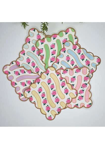 6'lı Gül ve Çizgi Desen Tasarımlı Nakış Kenar Kumaş Kokteyl Peçeteleri