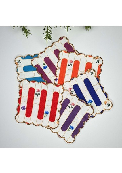 6'lı Şerit ve Çiçek Tasarımlı Nakış Kenar Kumaş Kokteyl Peçeteleri