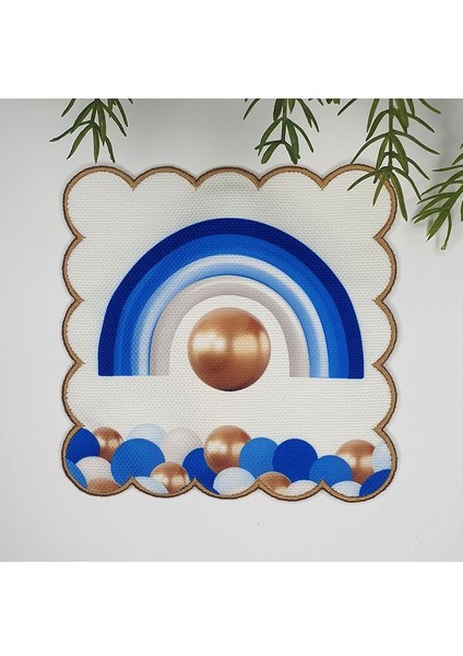 Mavi Gökkuşağı ve Balon Tasarımlı Nakış Kenar Kumaş Kokteyl Peçetesi 1 Adet