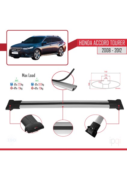 Honda Accord Tourer 2008-2012 Arası ile Uyumlu Fly Model Ara Atkı Tavan Barı Gri 3 Adet modelleri