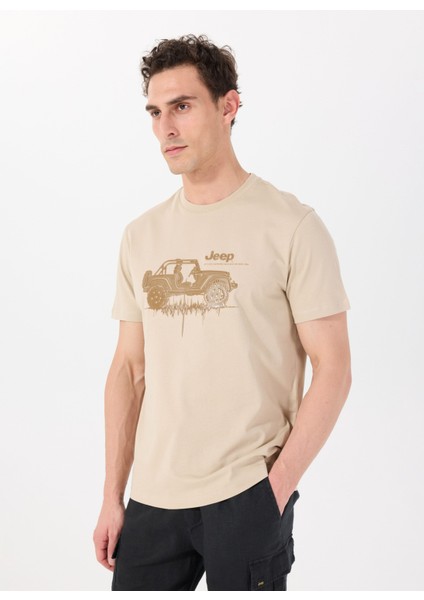 Bisiklet Yaka Baskılı Deve Tüyü Erkek T-Shirt J5SM-TST7385