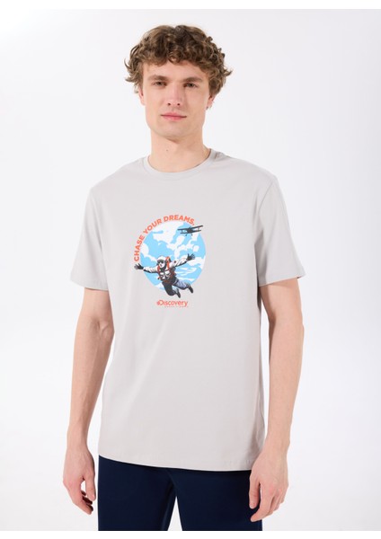 D5SM-TST3774 Gri Bisiklet Yaka Relaxed Baskılı Erkek T-Shirt