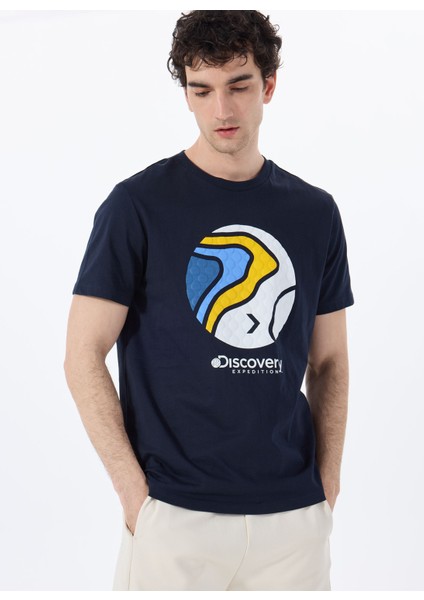 D5SM-TST3876 Lacivert Bisiklet Yaka Relaxed Baskılı Erkek T-Shirt