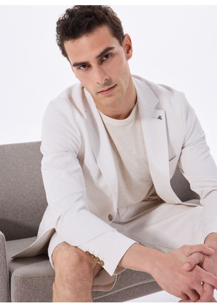 Slim Fit Ekru Erkek Çizgili Ceket F5SM-CKT 2425