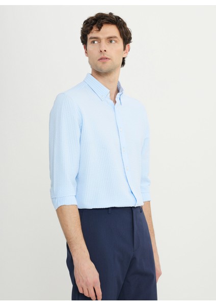 Slim Fit Düğmeli Yaka Mavi Erkek Gömlek ACE020252171_MAV
