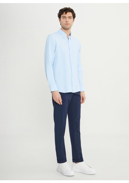 Slim Fit Düğmeli Yaka Mavi Erkek Gömlek ACE020252171_MAV