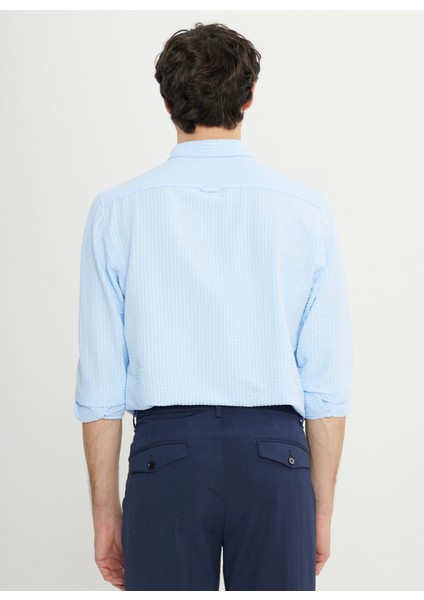 Slim Fit Düğmeli Yaka Mavi Erkek Gömlek ACE020252171_MAV