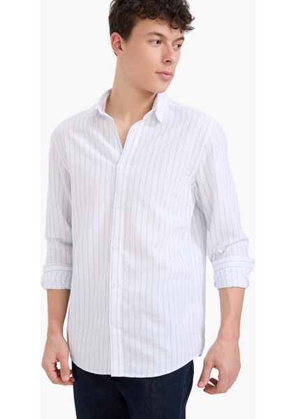 Regular Fit Polo Yaka Keten Yazlık Uzun Kollu Gömlek E1730AX25SP