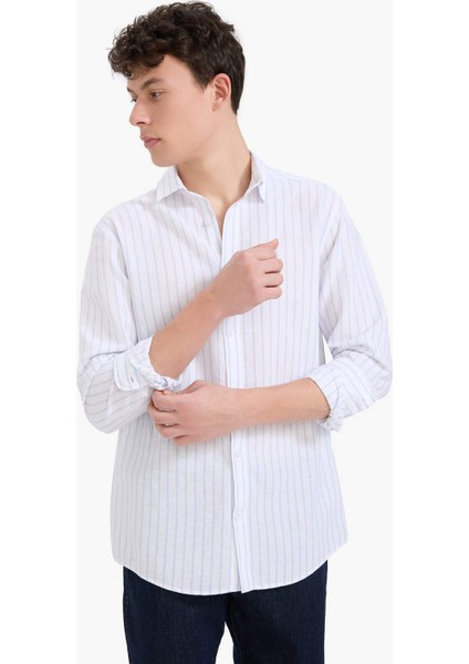 Regular Fit Polo Yaka Keten Yazlık Uzun Kollu Gömlek E1730AX25SP
