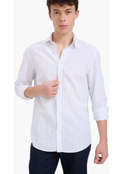Regular Fit Polo Yaka Keten Yazlık Uzun Kollu Gömlek E1730AX25SP