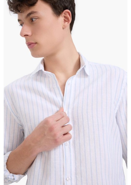 Regular Fit Polo Yaka Keten Yazlık Uzun Kollu Gömlek E1730AX25SP