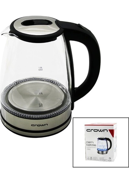 Cam - Ledli Kettle 1.8lt 1500W Çelik Taban - Krom Kapak 360° Gövde Plastik Kulp