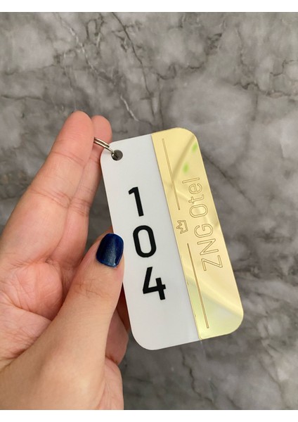 Beyaz&Gold Kişiselleştirilebilir Otel Bungalov Apart Anahtarlık