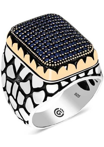 Gümüş Lacivert Zirkon Taşlı Kare Erkek Yüzük