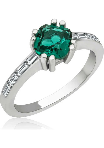 Gümüş Yeşil Baget Tek Taş Kadın Yüzük