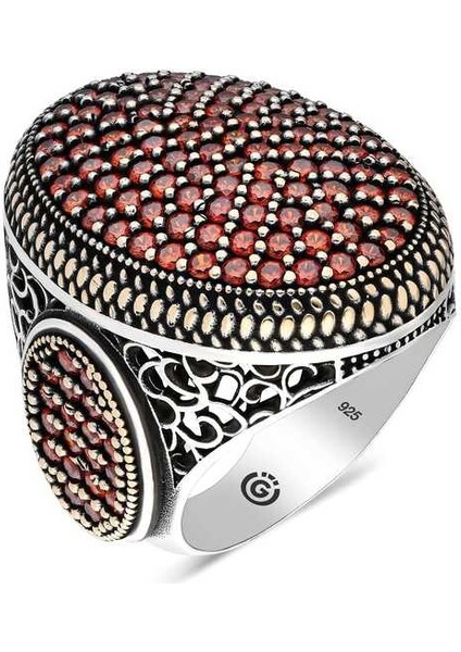 Gümüş Kırmızı Zirkon Taşlı Oval Erkek Yüzük