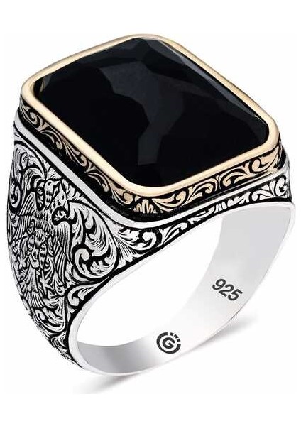 Gümüş Zirkon Siyah Taşlı Kare Erkek Yüzük