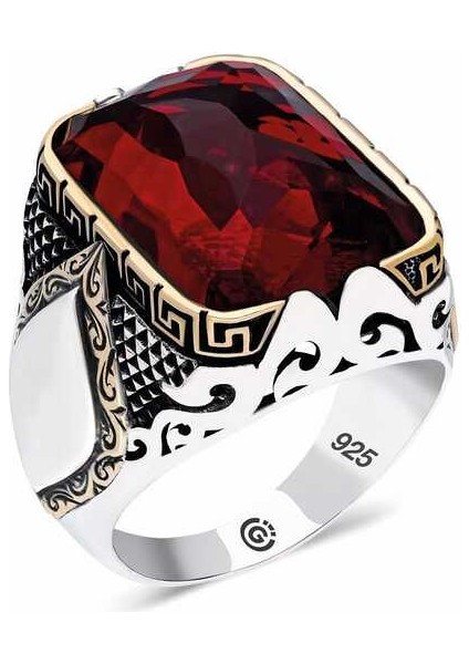 ​gümüş Kırmızı Zirkon Taşlı Kare Erkek Yüzük