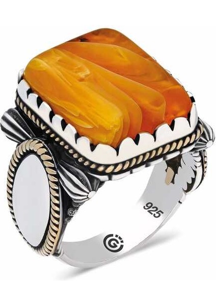 ​gümüş Turuncu Kaplan Gözü Taşlı Köşeli Erkek Yüzük