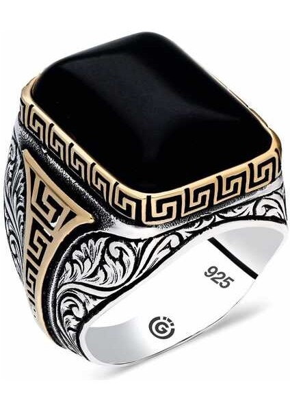 Gümüş Zirkon Siyah Taşlı Kare Erkek Yüzük