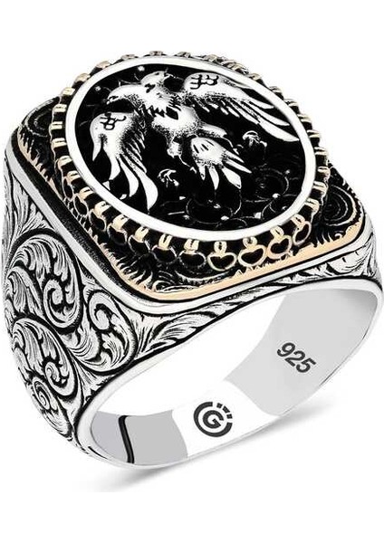 Gümüş Çift Başlı Kartal Oval Erkek Yüzük