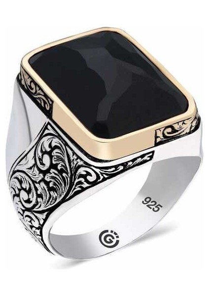 ​gümüş Siyah Taşlı Köşeli Erkek Yüzük