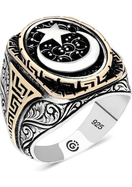 Gümüş Ay Yıldız Oval Erkek Yüzük